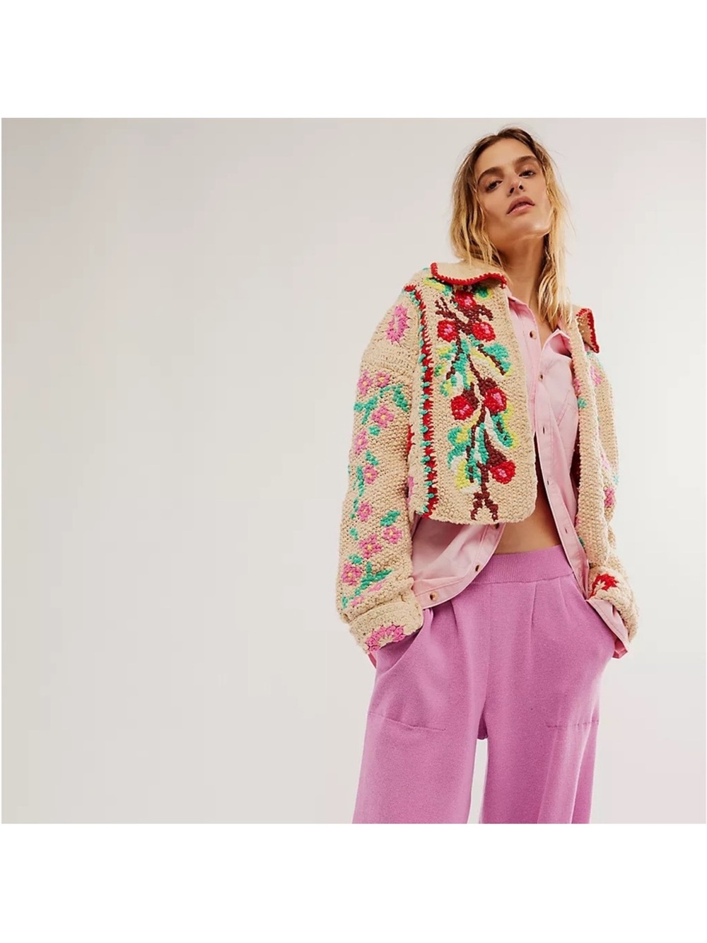 Free People Cream Crochet Floral Cardigan with Red, Pink & Teal Accents - Picture 10 of 11
